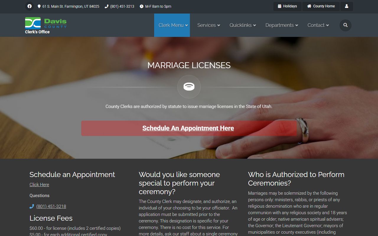 Davis County Clerk marriage records and license page in Utah