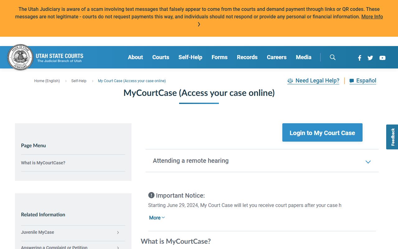 Utah Courts MyCase party access page for Davis County court records