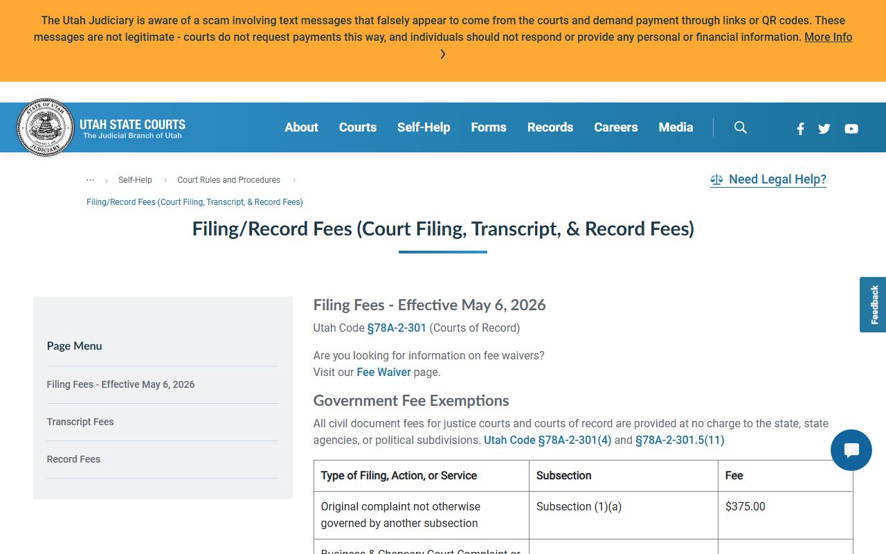 Utah Courts fee schedule for Davis County court records copies