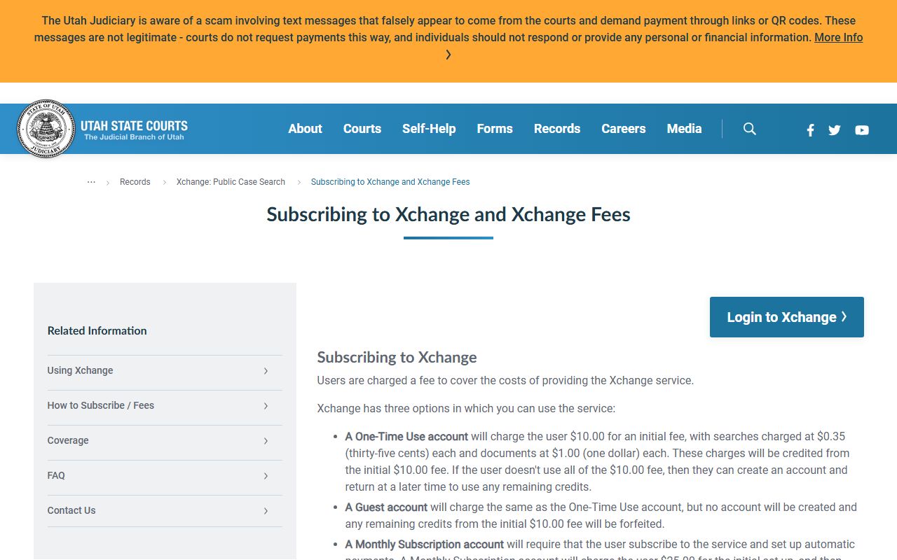 Utah Courts Xchange subscription page for Davis County court records