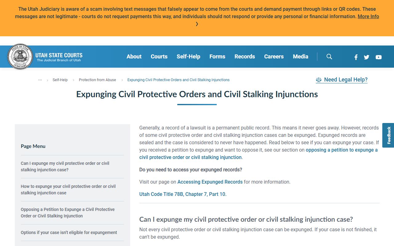 Utah protective order expungement page for Davis County records