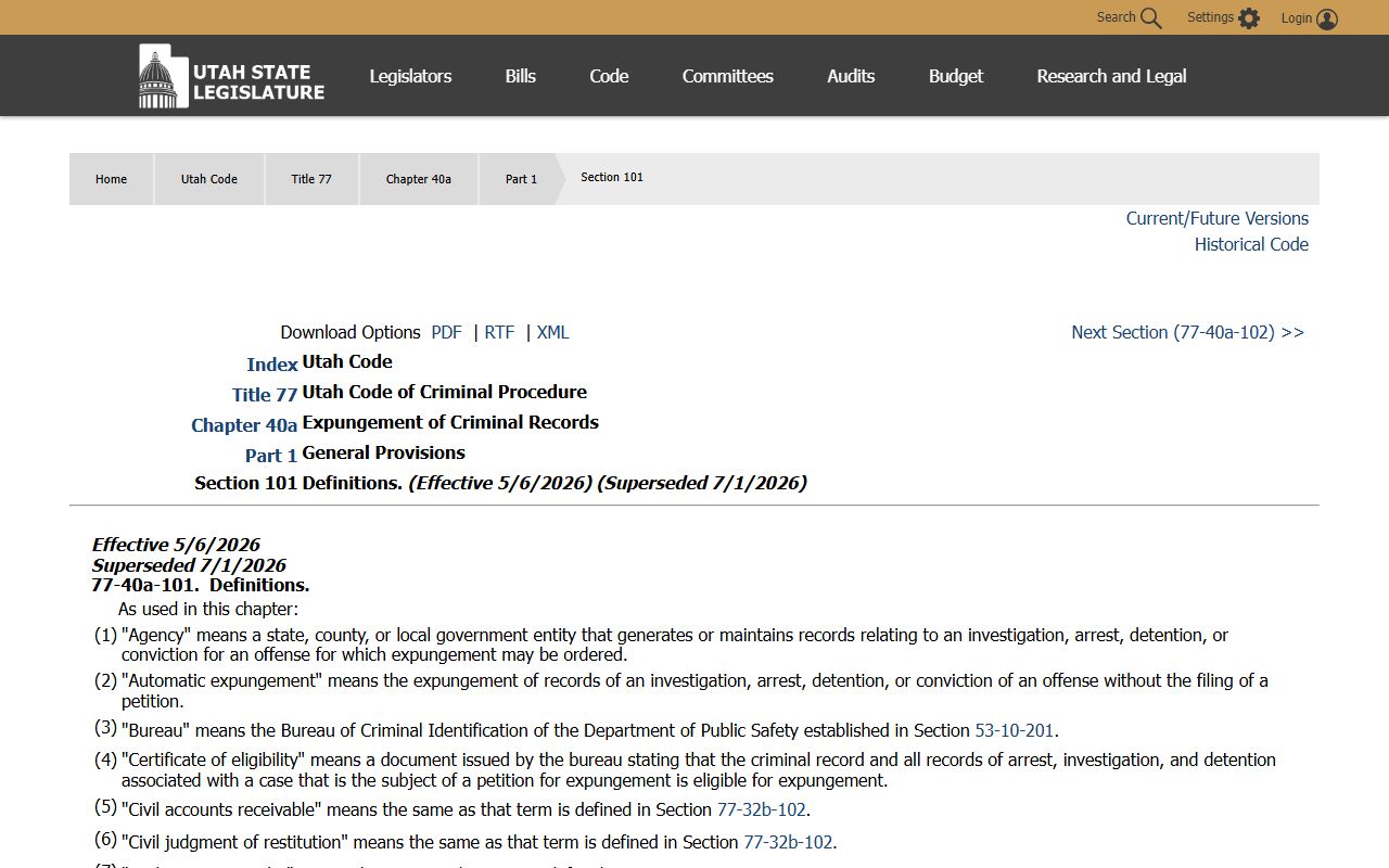 Utah expungement definitions statute for Davis County criminal records
