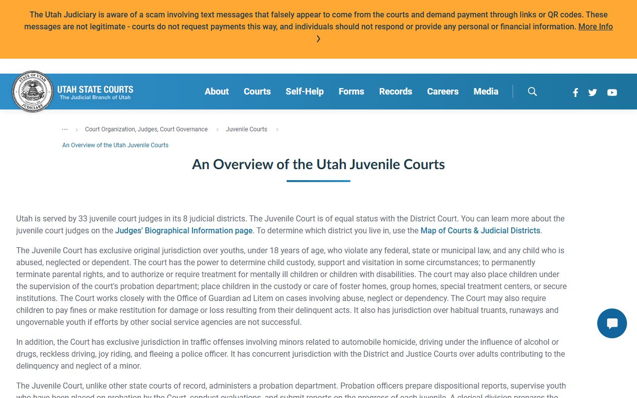 Utah Juvenile Court overview page for Davis County juvenile cases