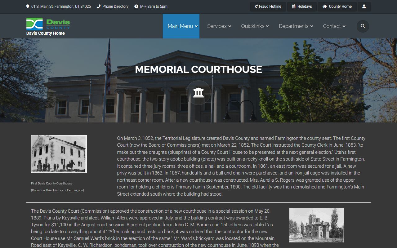 Davis County Memorial Courthouse history page in Farmington, Utah