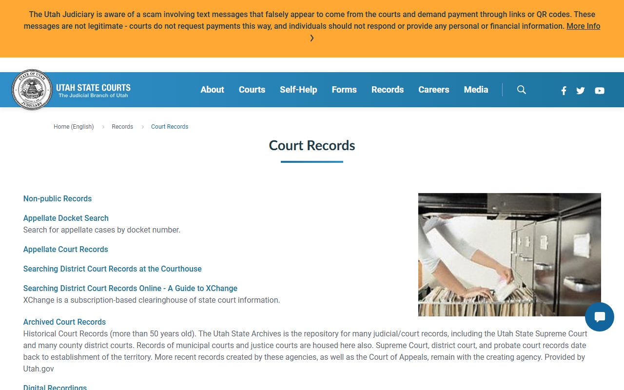 Utah Courts records overview page for Davis County court records