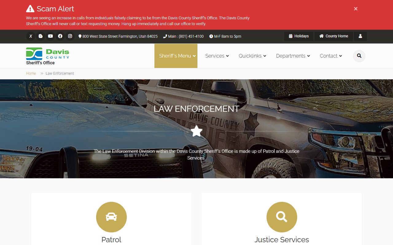 Davis County Sheriff law enforcement page covering corrections and jail population
