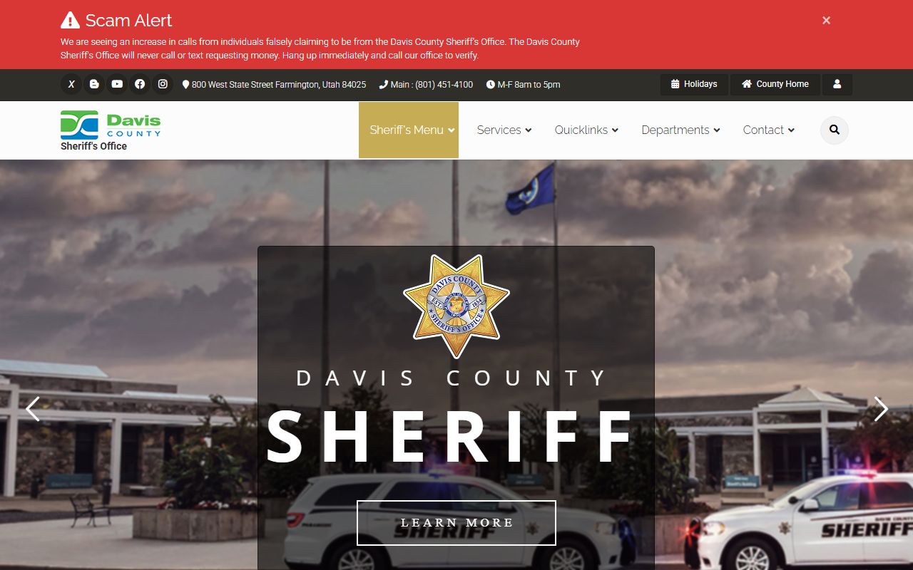 Davis County Sheriff homepage with the inmate roster for Utah