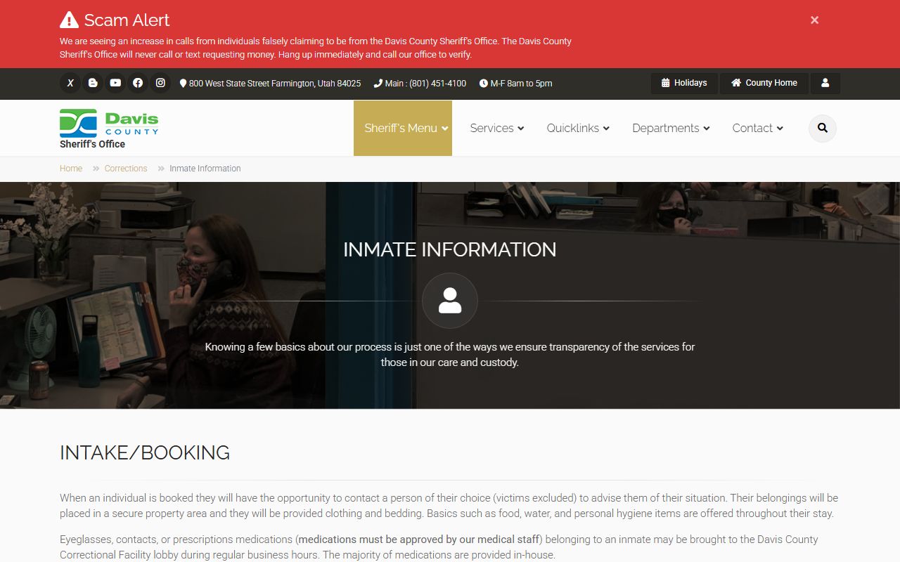 Davis County inmate information page with visiting, mail, and money rules in Utah