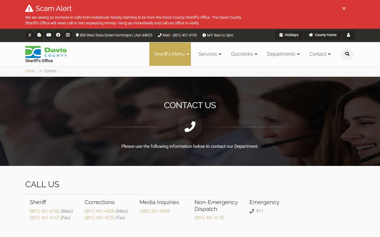 Davis County Sheriff contact page with jail and corrections numbers in Utah