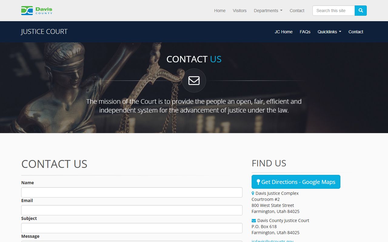 Davis County Justice Court contact page with traffic ticket help
