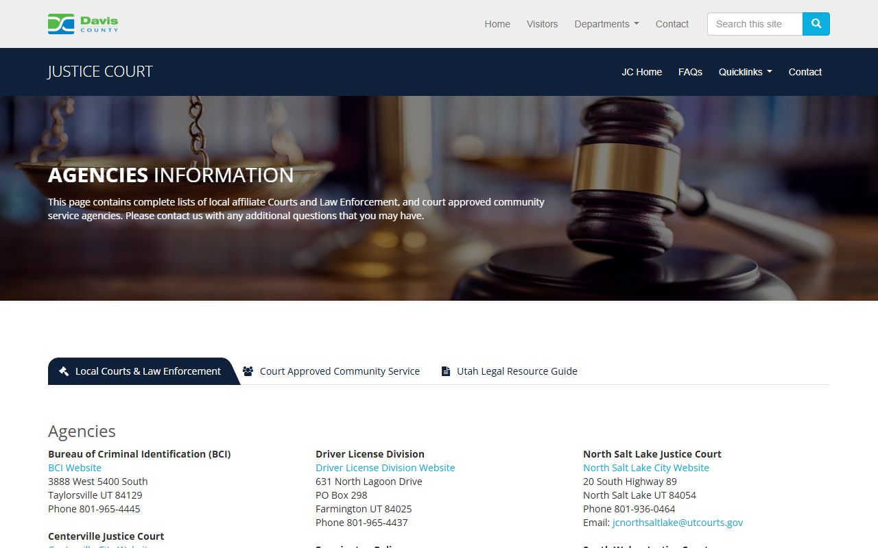 Davis County Justice Court agencies and quick links page in Utah