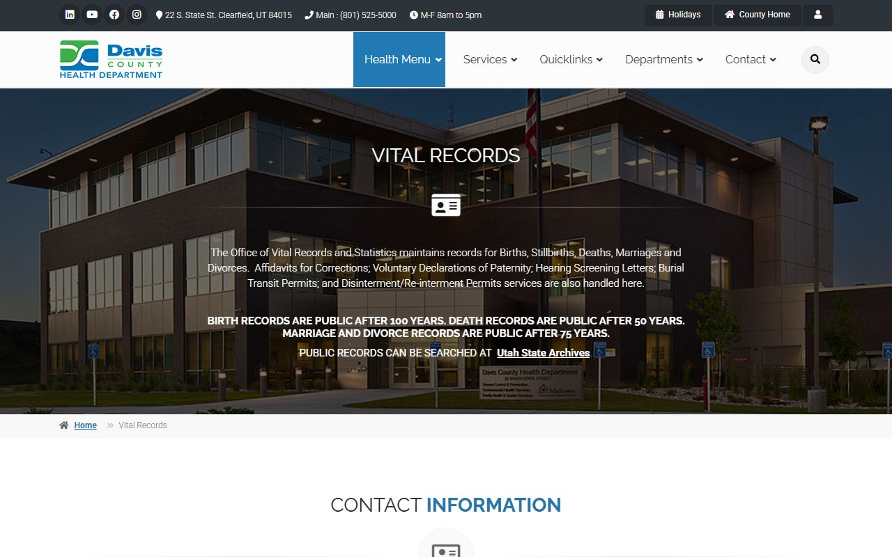 Davis County Vital Records page for marriage and divorce certificates in Utah