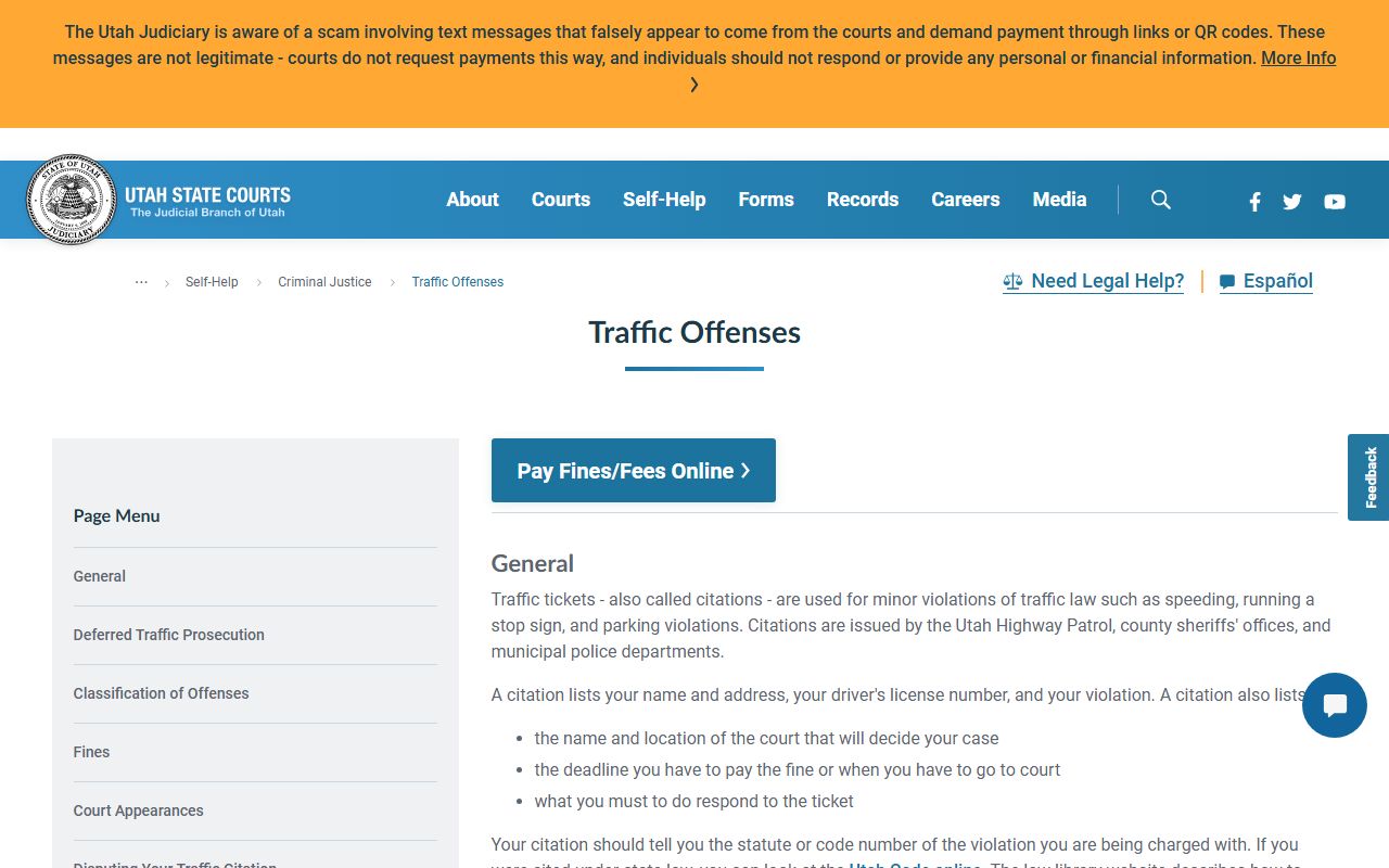 Utah Courts traffic self-help page for Davis County citations
