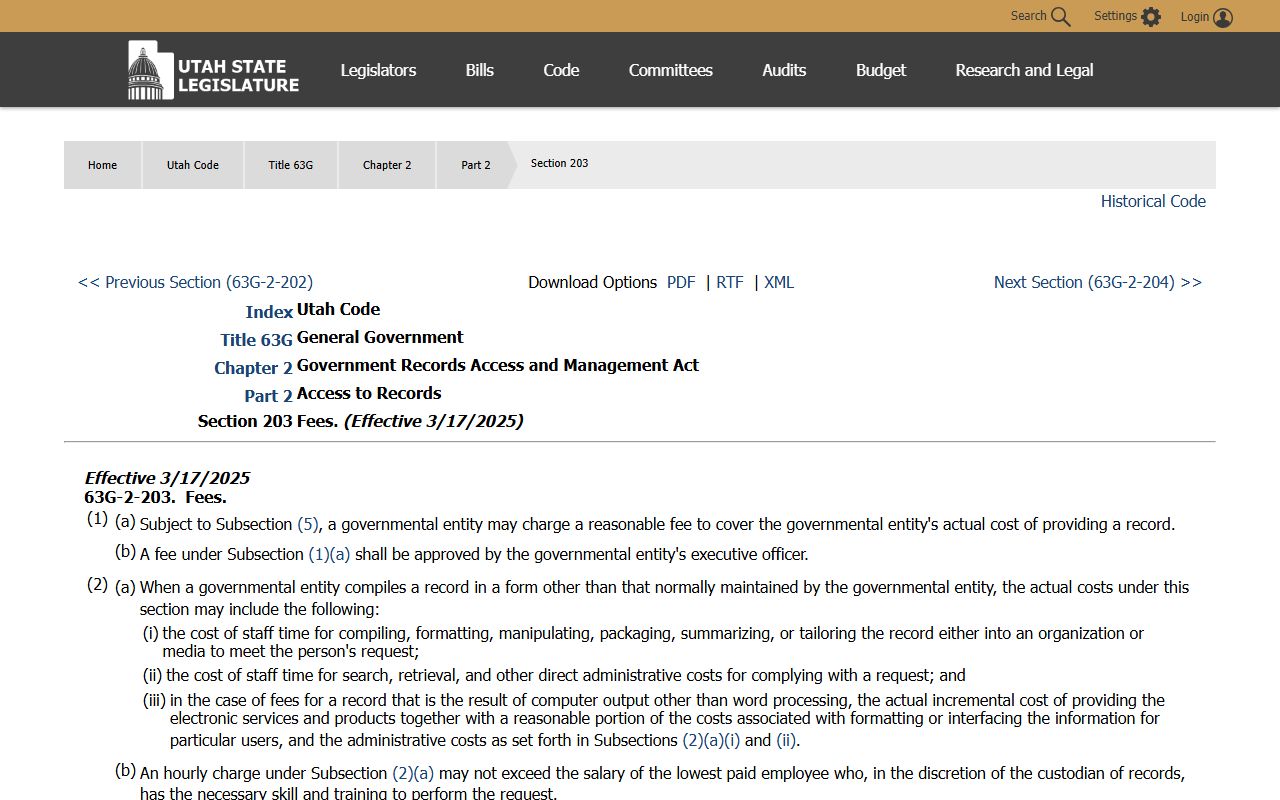 Utah GRAMA fees statute for Davis County public records