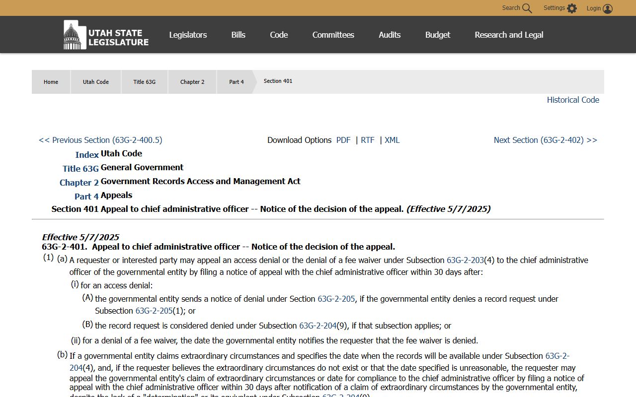 Utah GRAMA appeals statute for Davis County public records denials