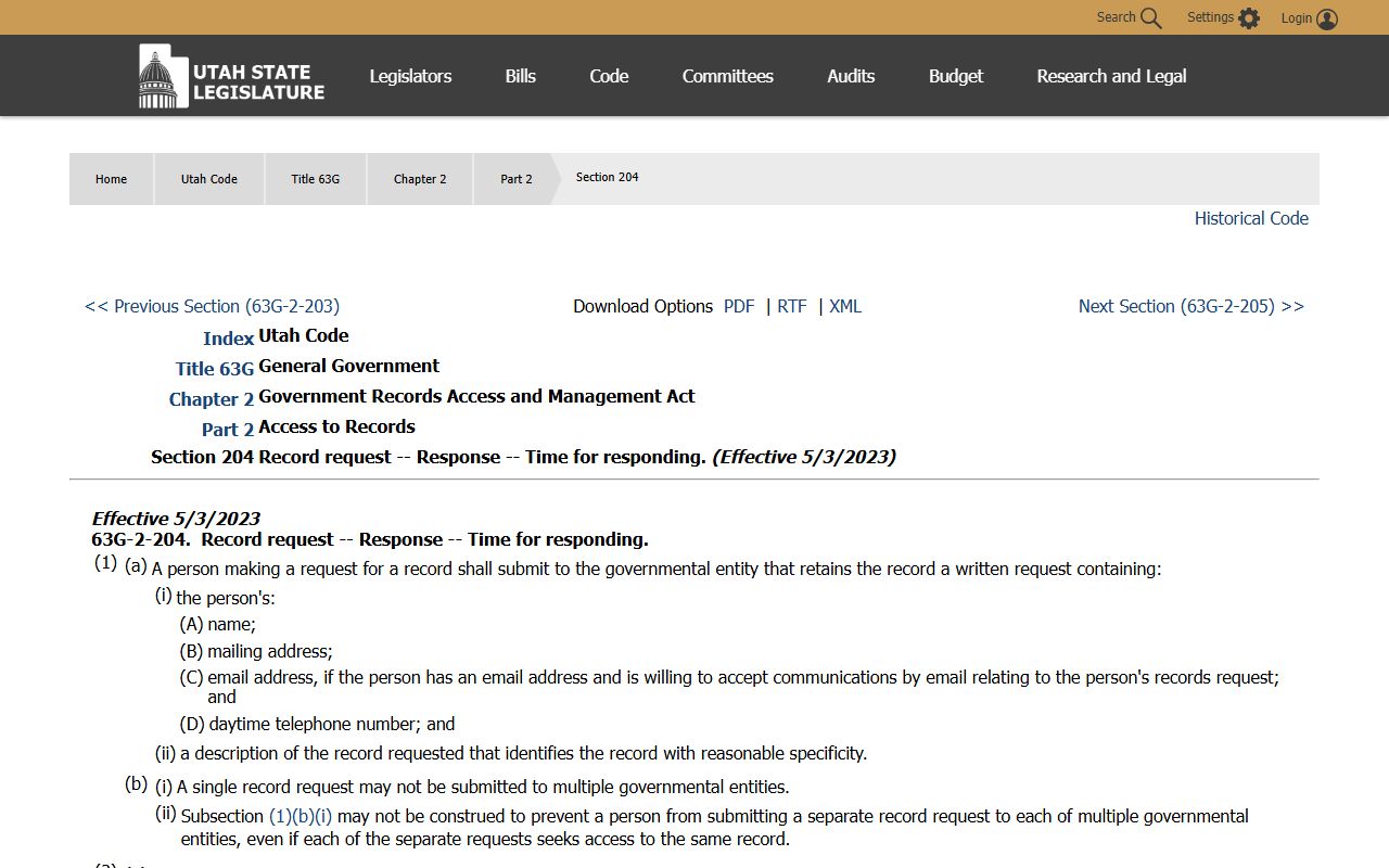 Utah GRAMA request and response time statute for Davis County