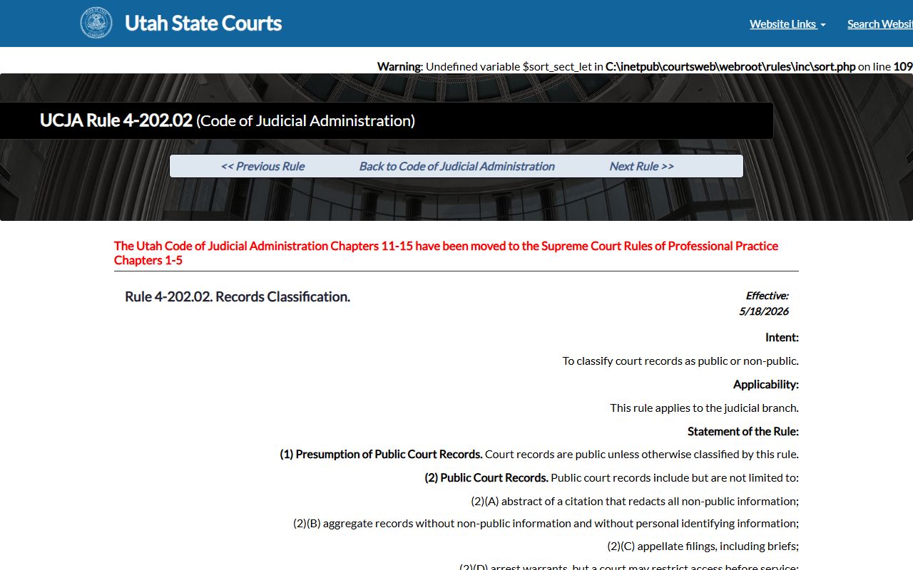 UCJA court records classification rule covering Davis County warrants
