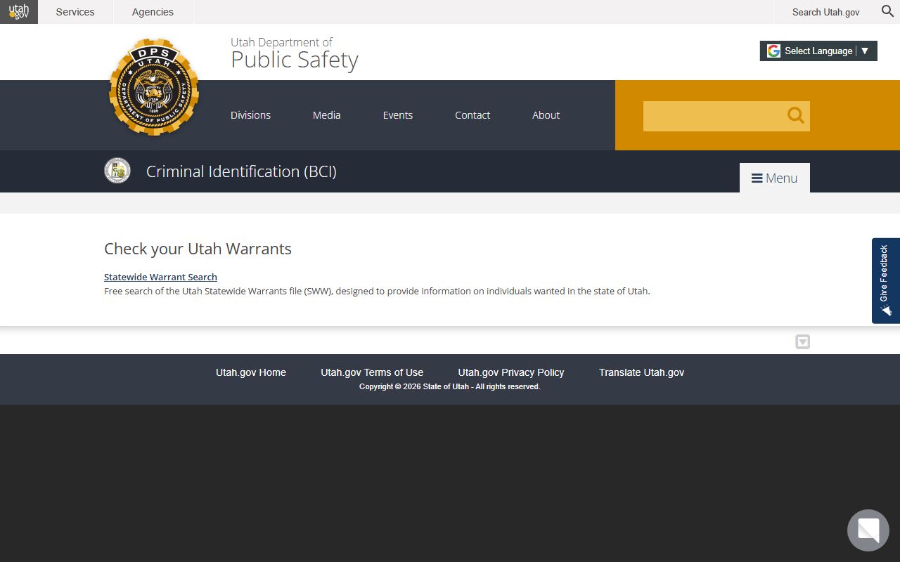 Utah BCI statewide warrant search landing page for Davis County warrants
