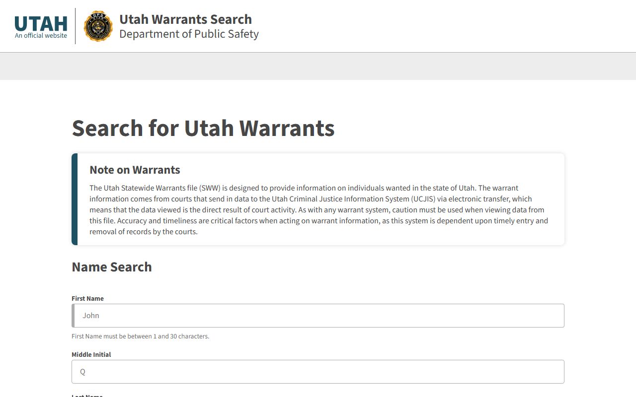 Utah statewide warrants public search portal for Davis County